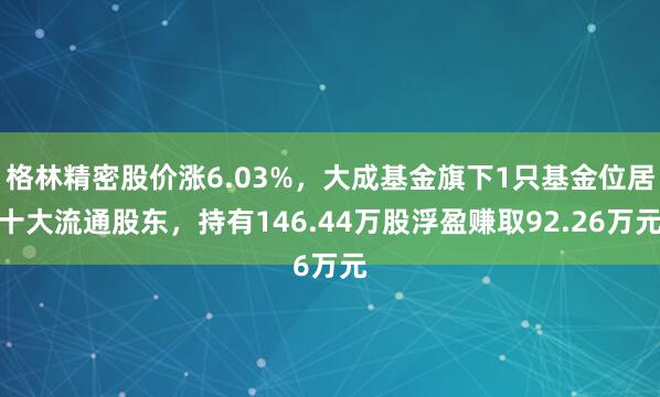 格林精密股价涨6.03%，大成基金旗下1只基金位居十大流通股东，持有146.44万股浮盈赚取92.26万元